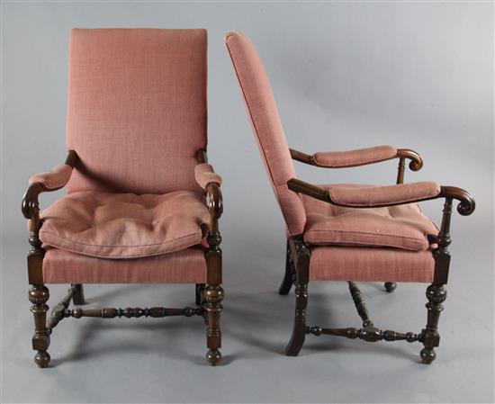 A pair of 17th century style mahogany armchairs, W.2ft 2in. D.2ft 10in. H.3ft 8in.